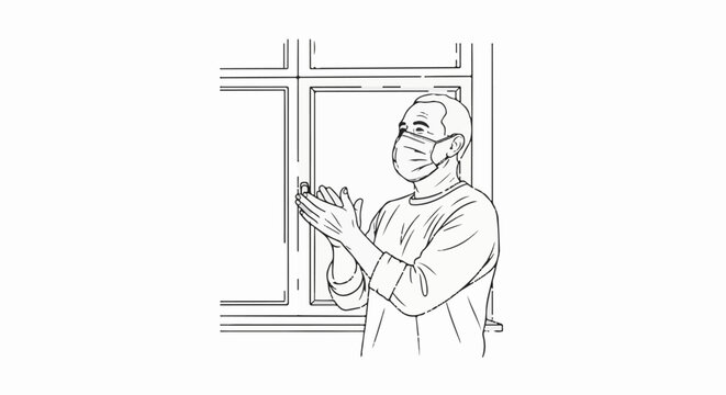 Man in medical mask clapping his hands in front of a window
