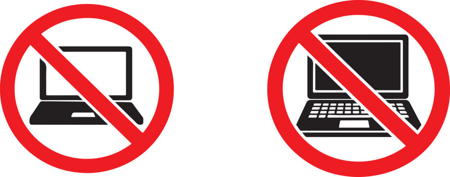 No laptop and computer icon set, forbidden technology device symbols for restriction and safety use.