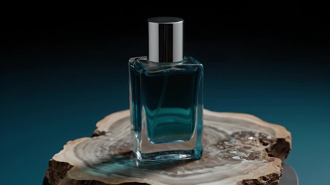 Elegant Teal Perfume Bottle on Wood Slice with Dark Gradient Background for Beauty Ads Promotion and Product Showcase