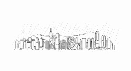 Fototapeta premium Line drawing of a city skyline under a light rain shower