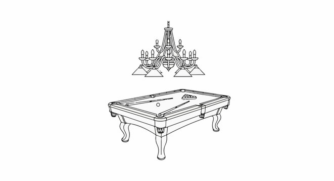 Line drawing of a chandelier above a billiard table with cues and balls
