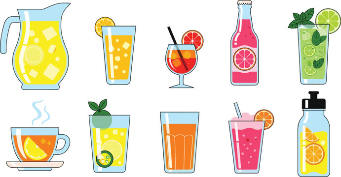Refreshing Beverages and Summer Drinks Icons Set with Lemonade, Iced Tea, Fruit Juice, Mojito, and Smoothie for Cool Drink Designs