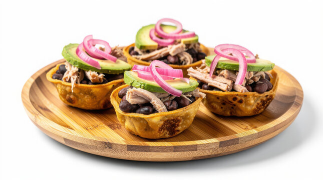 Panuchos on Bamboo Plate 30 Degree Angle Isolated on White Background Studio Image