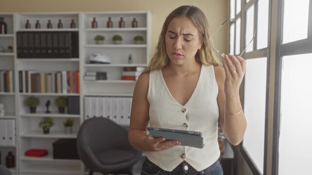Woman holds tablet with one hand, lifts reading glasses with the other and rubs her temple while squinting at the screen in an office building; stress fatigue.