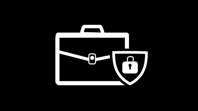 A white minimalist briefcase icon with a security shield and padlock glowing on a solid black background.