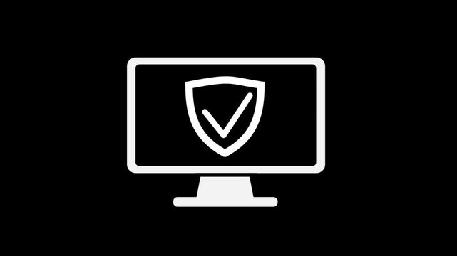 A white line animation of a security shield with a checkmark appearing on a computer monitor screen over a black background.