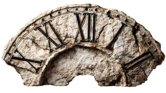 antique object cutout of weathered stone clock face with Roman numerals, aged timepiece surface with realistic cracks and patina, sharp focus, clean edges high definition, isolated on white background