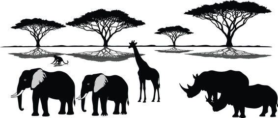 African savanna silhouette vector illustration, black white clipart of wildlife animals acacia tree nature design, safari artwork bundle for ecosystem themes © Fenshi