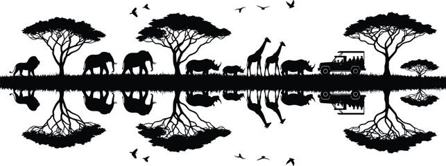 African safari silhouette, wildlife reflection, lion, elephants, rhinoceroses, giraffes, birds, acacia trees, safari vehicle, nature illustration, ecosystem art © Fenshi