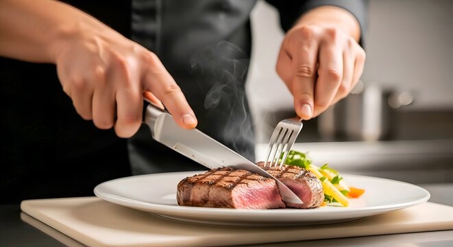 Close-Up of Professional Chef Slicing Medium-Rare Beef Steak - Fine Dining Plating