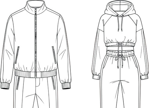 &ldquo;Fashion technical flat sketch, athletic tracksuit jacket with pants, cropped hoodie with joggers, apparel design illustration, garment drawing template&rdquo;