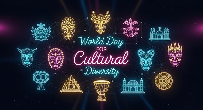 Collection of masks and symbols representing diverse cultures illuminated by neon lights celebrating world day for cultural diversity tribal mask ethnic low poly world day for cultural diversity