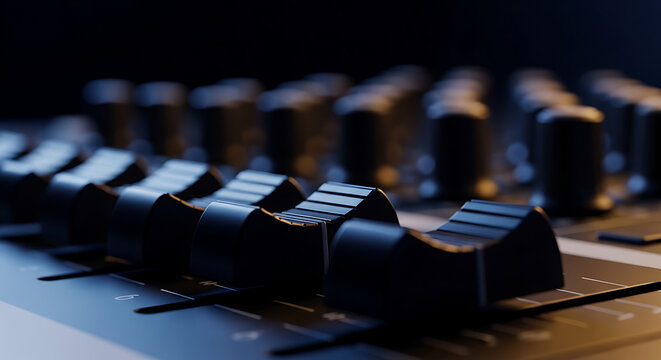 Close-up shot of a row of black faders on a sound mixing board, highlighting their textured surfaces and the shallow depth of field.