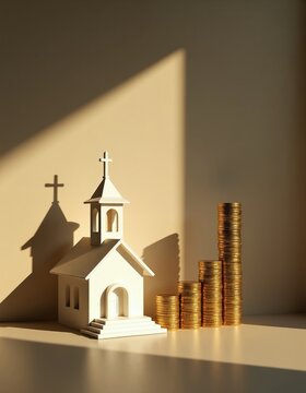 White church model next to growing stacks of gold coins. Symbolizes church finances donations and religious institution funding. Represents financial growth and offerings.