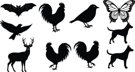Fototapeta premium Animal silhouettes, bat, bird, rooster, butterfly, dog, deer, wildlife icons, black illustration, nature design, educational art, graphic symbols