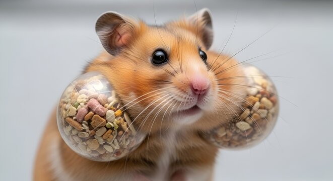 A charming golden hamster has cheeks filled to capacity with an abundance of tasty seeds, providing a delightful portrait that showcases its innate hoarding behaviors and adorable features