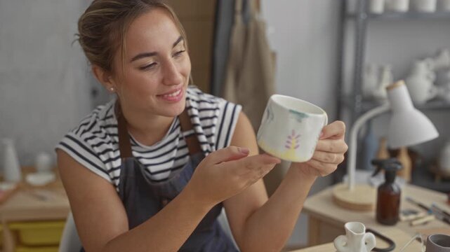 Woman potter holding painted mug with hands inspecting pottery in studio; handmade craft serenity skill.