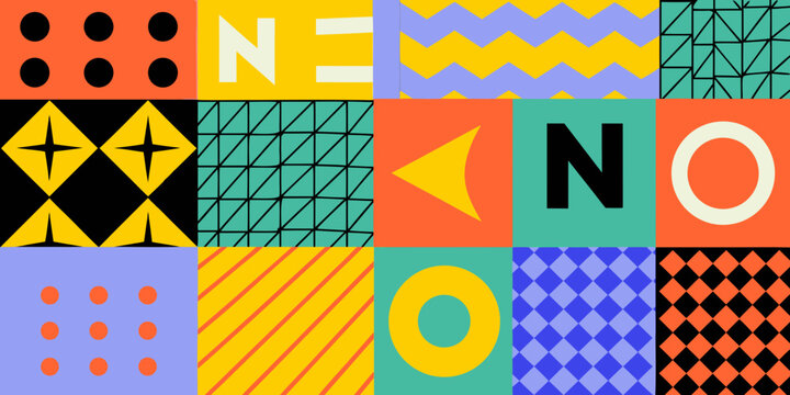 Geometric pattern grid with colorful shapes and text