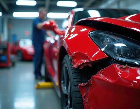 Red car with smashed front bumper sits in auto repair shop. Mechanic works on vehicle. Another red sports car is parked nearby. Damaged auto needs fixing.