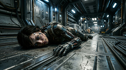 Naklejka premium An evocative image of mechanical failure and human exhaustion. It captures the heavy silence of a spirit broken by the grind of a cold, industrial future, clinging to life amidst iron and wire.