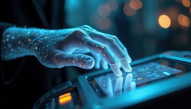 Futuristic digital hand interacts with touch screen interface. Glowing circuits on fingers touch payment terminal for secure online transaction. Future finance tech.