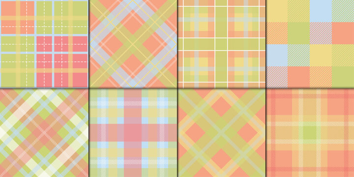 Set of 8 spring pastel plaid patterns in pink, green, orange, yellow, and blue. Ideal for backgrounds, textiles, packaging, and seasonal design projects.