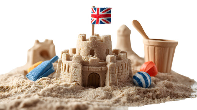 beach cutout of sandcastle with flag and beach toys, playful summer vacation scene with bucket and shovel details, sharp focus, clean edges high definition, isolated on white background