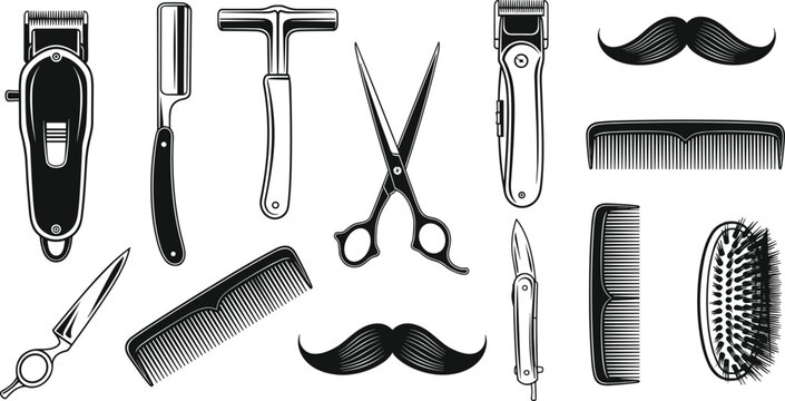 Barber grooming tool illustration set, vintage hair cutting equipment, professional scissors and razors, combs and brushes artwork, mustache design graphics