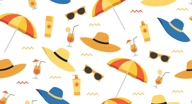 Vibrant summer beach pattern featuring colorful umbrellas sun hats sunglasses sunscreen and tropical cocktails.