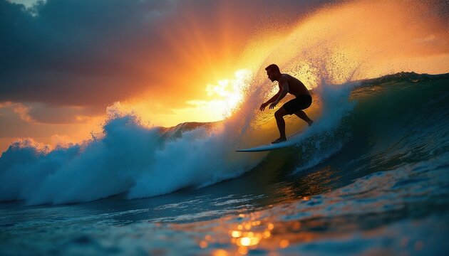 Man surfs big wave at sunset, sea spray forms silhouette. Coastal ocean sport creates dynamic action. Skimboarder rides surf, enjoys ride. Dramatic sky, bright sun.