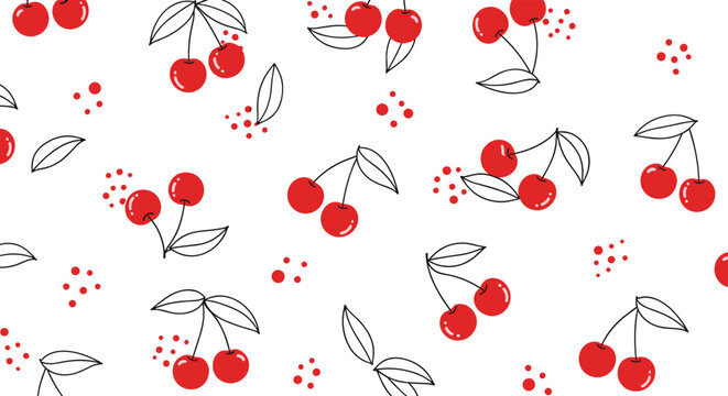Cute repeating pattern of red cherry pairs with thin black line leaves and clusters of small red dots on a white base.