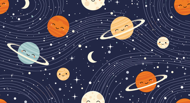Dark blue outer space pattern with smiling cartoon planets, crescent moons, and stars in a whimsical children's style.