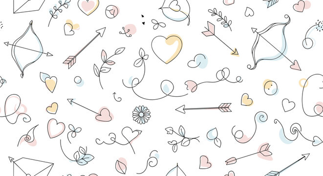 Cute seamless pattern of hand drawn doodles including hearts, arrows, bows, and floral elements for valentine day or wedding design.
