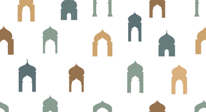Seamless architectural pattern featuring colorful silhouettes of mosque domes and arched windows for islamic cultural themes.