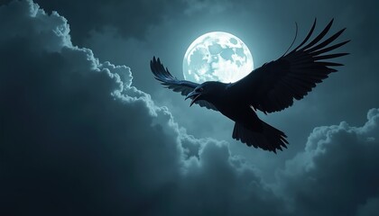 Obraz premium Black raven flies through cloudy night sky. Full moon illuminates bird wings and feathers. Creature soars with open beak against dark atmospheric backdrop.