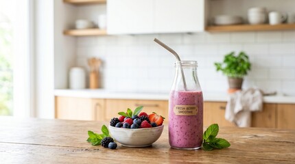 Fresh berry smoothie in a glass bottle with a metal straw and a bowl of mixed berries on a kitchen...
