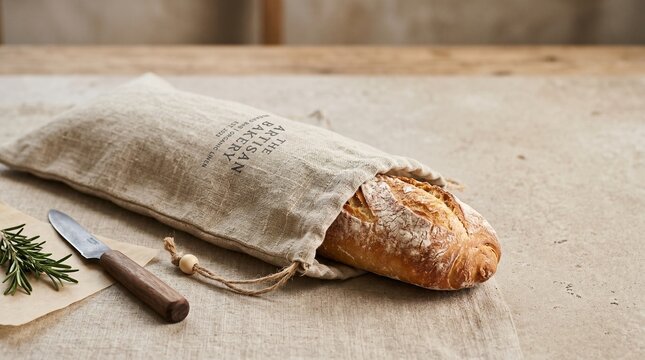 Freshly baked artisan baguette peeking out of a rustic linen bread bag on a natural textured surface, with rosemary and knife.