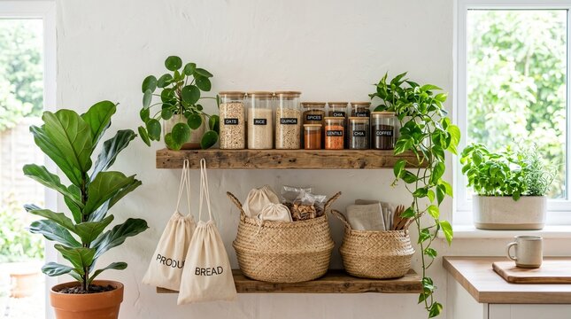 Organized kitchen pantry shelves with glass jars of dry goods, woven baskets, and vibrant indoor plants.