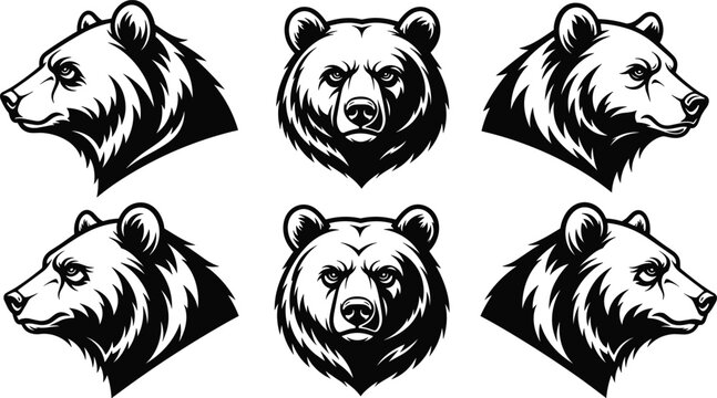 Bear head silhouettes, side profile, frontal view, wildlife icon, animal art, black illustration, mascot design, bold lines, fierce expression, nature symbol