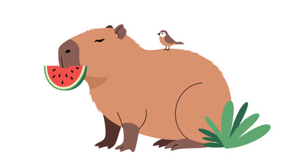 Fototapeta premium Adorable illustration of a capybara eating a slice of watermelon with a small bird perched on its back, set against a simple white background.