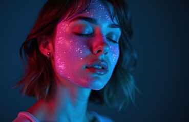 Obraz premium Young woman face with digital scan effect. Neon lights illuminate skin patterns, abstract glow. Cyberpunk aesthetic, future identity, virtual connection, tech background.