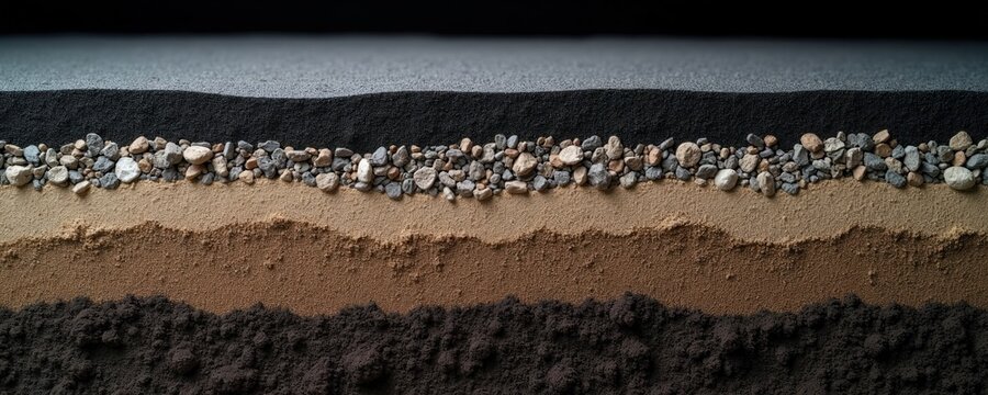 Road pavement cross section shows asphalt gravel sand soil layers. Construction material detail for ground work, foundation or civil engineering.