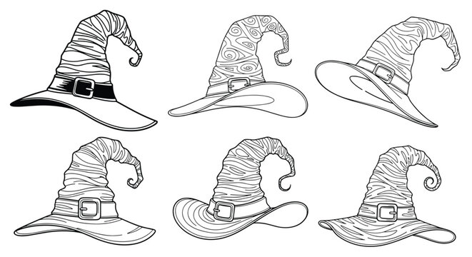 Set of six black and white hand drawn witch hats with various patterns and buckles, ideal for Halloween themed coloring pages or decorations.