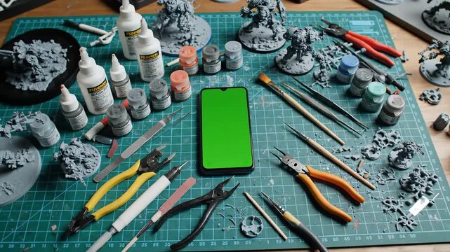Hobbyist assembling miniature figures with smartphone on crafting table.