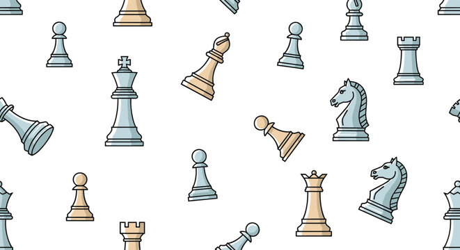 Seamless pattern with classic chess pieces including king, queen, knight, and rook in a clean hand drawn vector style.