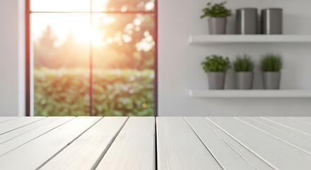 Fototapeta premium Empty White Wooden Table Top in Front of a Sunny Blurred Interior Living Room View
