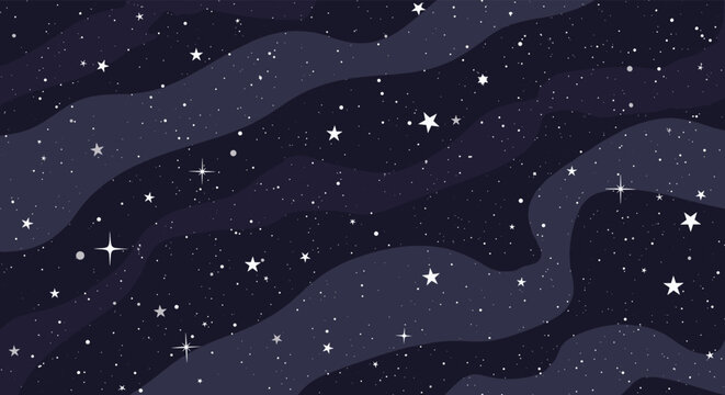 Beautiful night sky seamless pattern features twinkling stars and glowing constellations across dark purple and blue galaxy clouds.