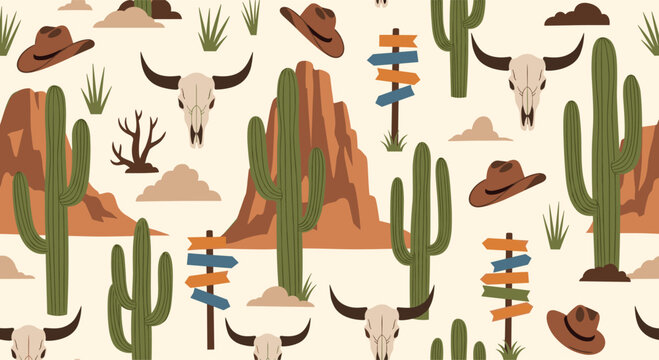 Wild west desert landscape pattern with tall saguaro cactus cowboy hats cattle skulls and wooden signposts.