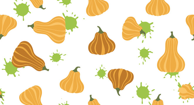 Fun autumn harvest pattern with various orange pumpkins and green splats of paint on a clean white background.