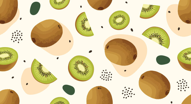Refreshing fruit pattern with whole kiwi fruit and green juicy slices with black seeds on a light beige background.
